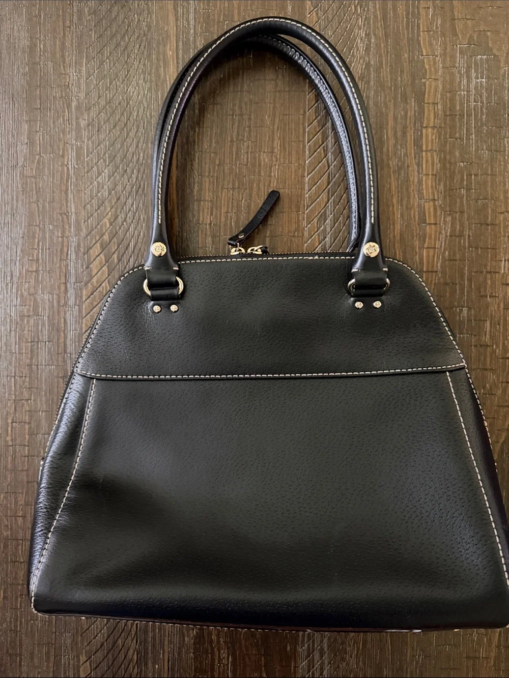 kate spade black leather satchel with white contrast stitching